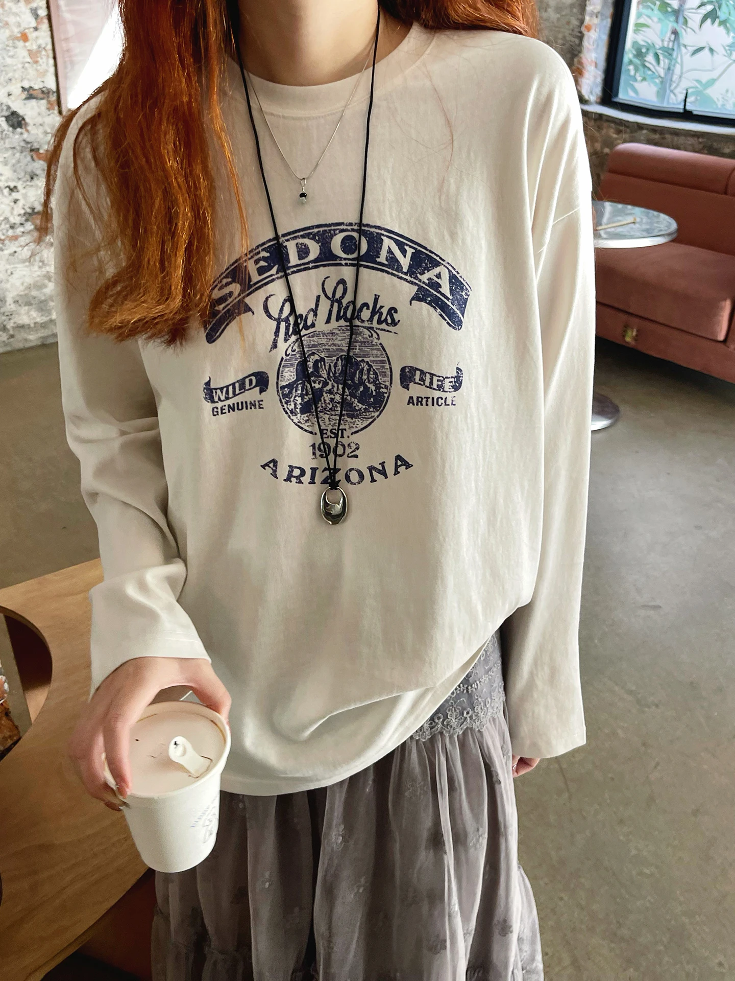 

American Sle Long Sve Fce T-irt Women Loose Casual Versatile Slimming Design Breathable Cotton round Ne Top