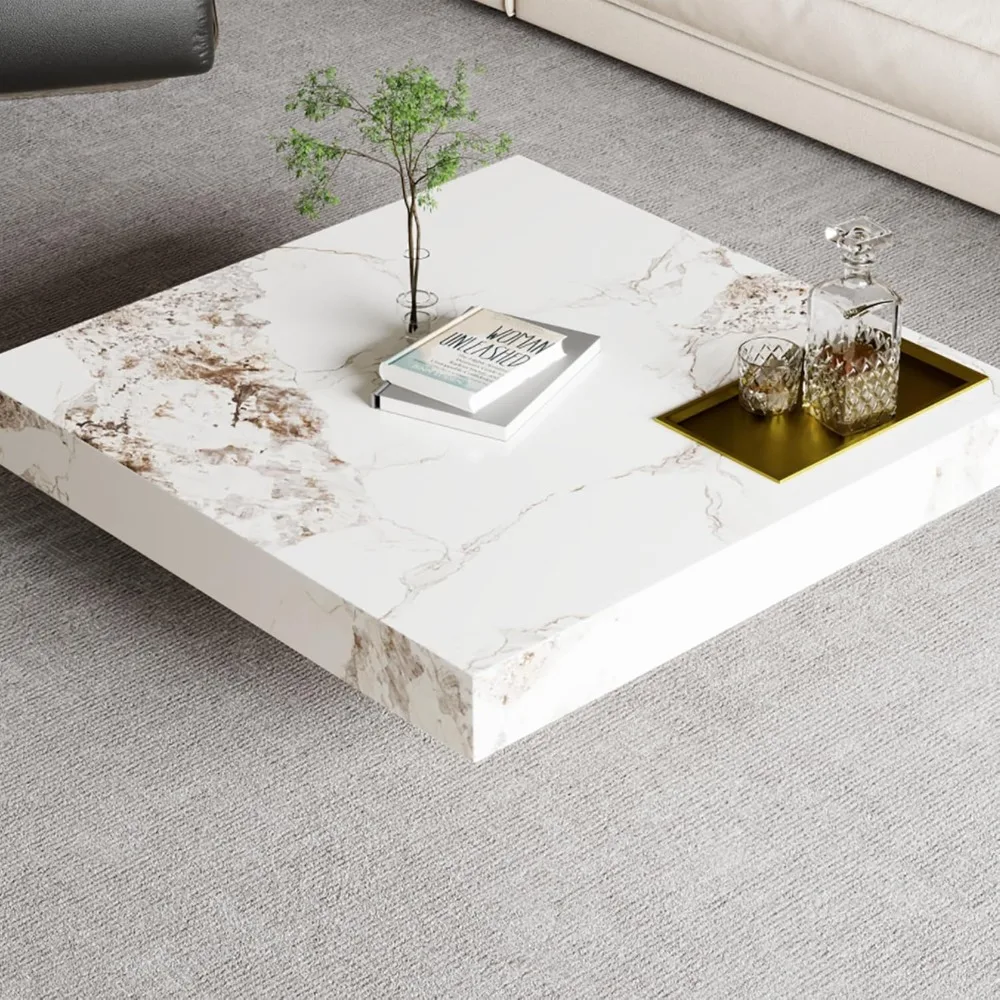 طاولة قهوة حديثة لغرفة المعيشة، طاولة غرفة معيشة مربعة كبيرة 43.31 بوصة، سطح طاولة من الحجر الملبد مع أرجل من الفولاذ المقاوم للصدأ باللون الذهبي