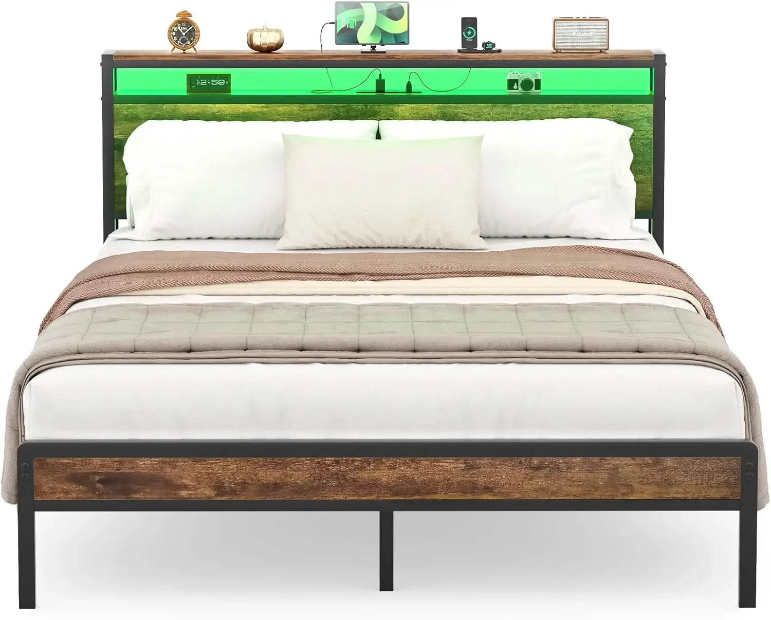 Queen Size Bed Frame with Charging Station and Led Lights, Industrial Platform Bed with Storage Headboard, Steel Slat S