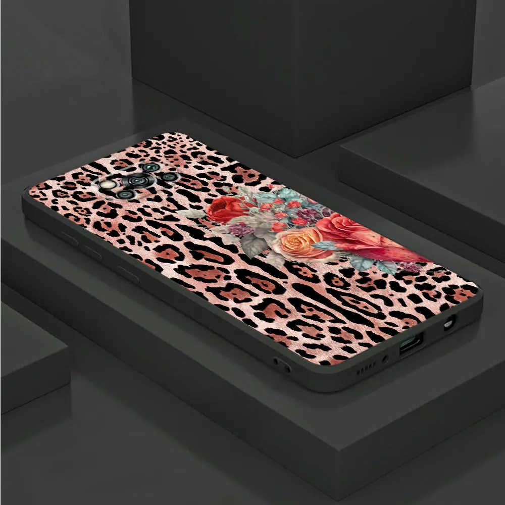 Leopard Flower Phone Case for Poco M5 X4 GT M3 F1 X3 NFC C40 M4 Pro 5G X4 Pro 5G F5 C50 C51 C61 Black Soft Cover