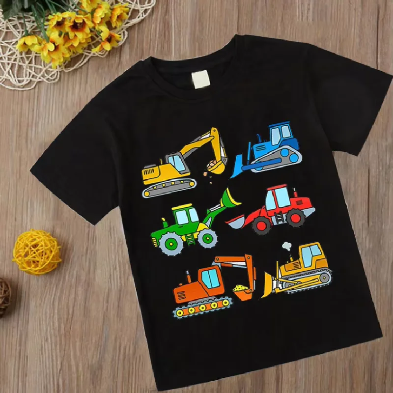 Excavators T Shirt Firetrucks Fire Engines Tshirts Kids Baby Boys Clothes Costume Children Clothing Locomotive Cartoon Car Tops