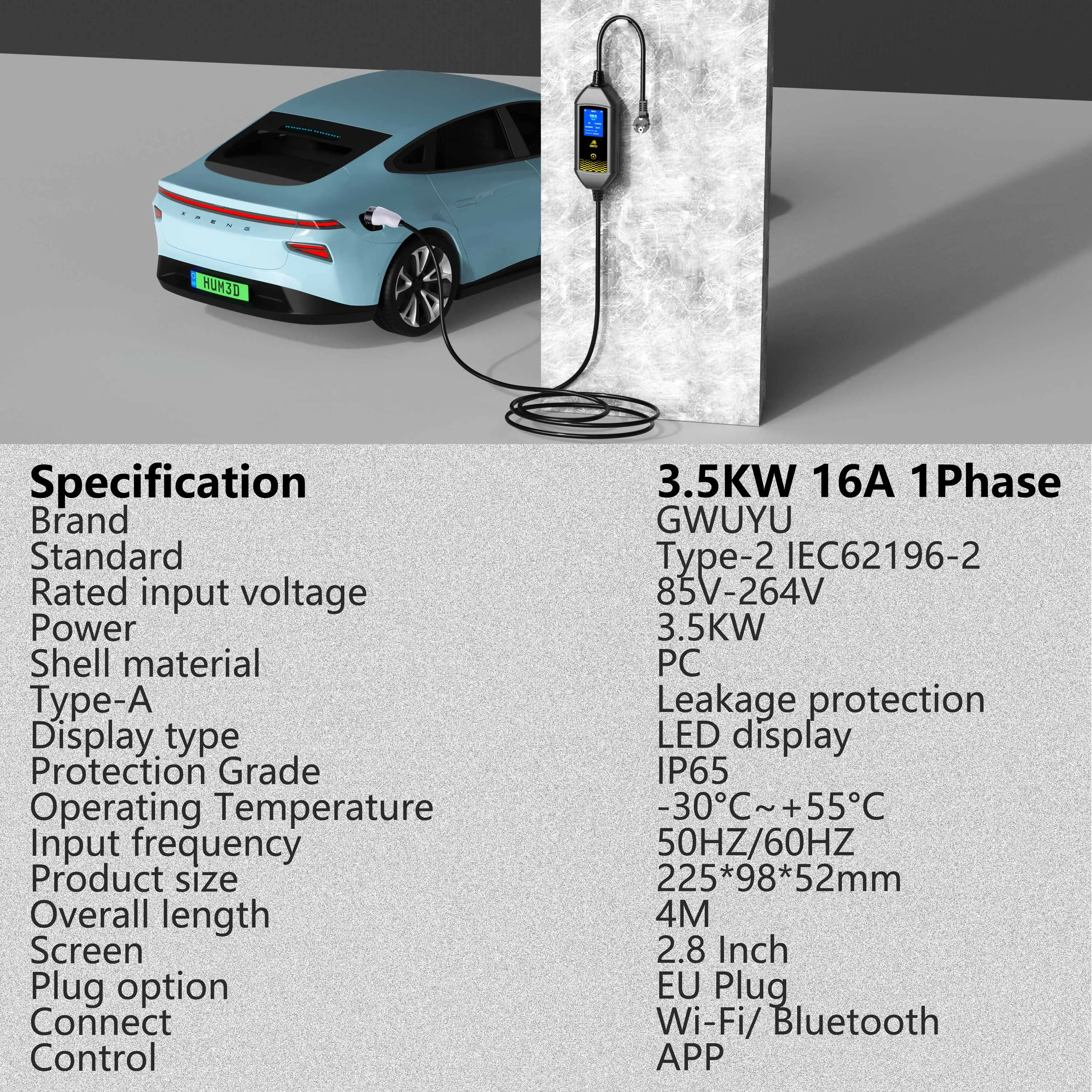 GWUYU 16A 3,5KW Typ2 Europäischer Standard-Stecker Tragbares Elektrofahrzeug-Ladegerät EVSE-Ladestation mit WLAN Bluetooth APP-Steuerung – Detail 7