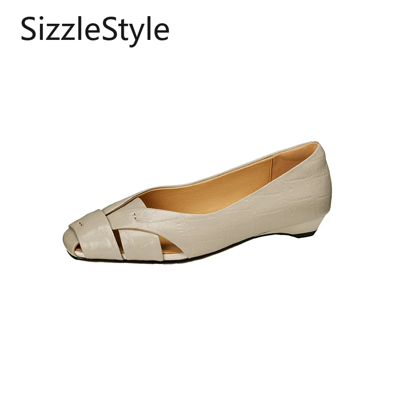 

Fashionable Women's Square Toe Textured Leather Hollow Wedge Heel Solid Color Shallow Mouth Slip-on Shoes