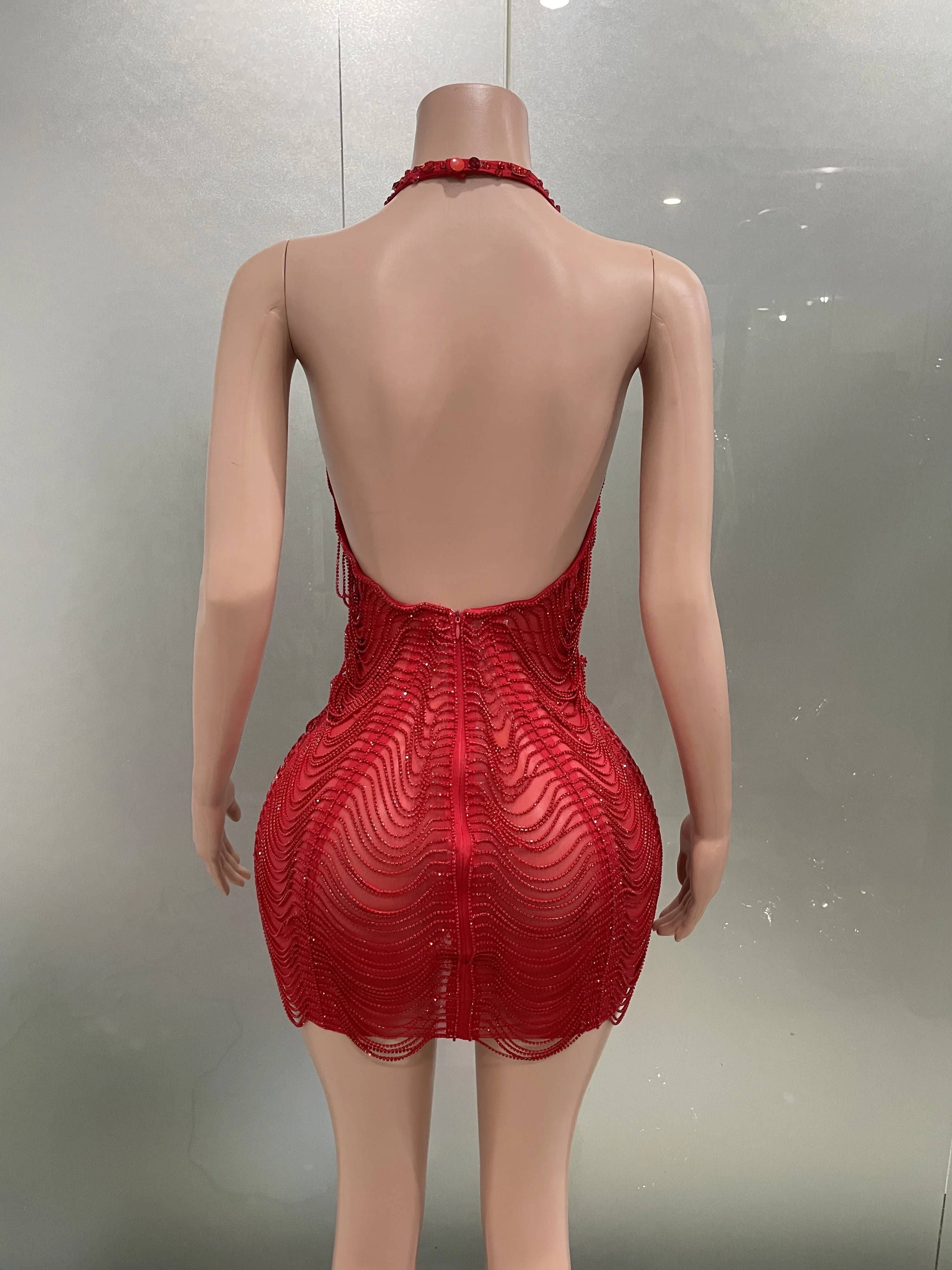 Sparkly Rhinestones Red Sexy Mesh See Through Short Dress for Women Prom Party Evening Celebrate Birthday Outfit Stage Show Wear