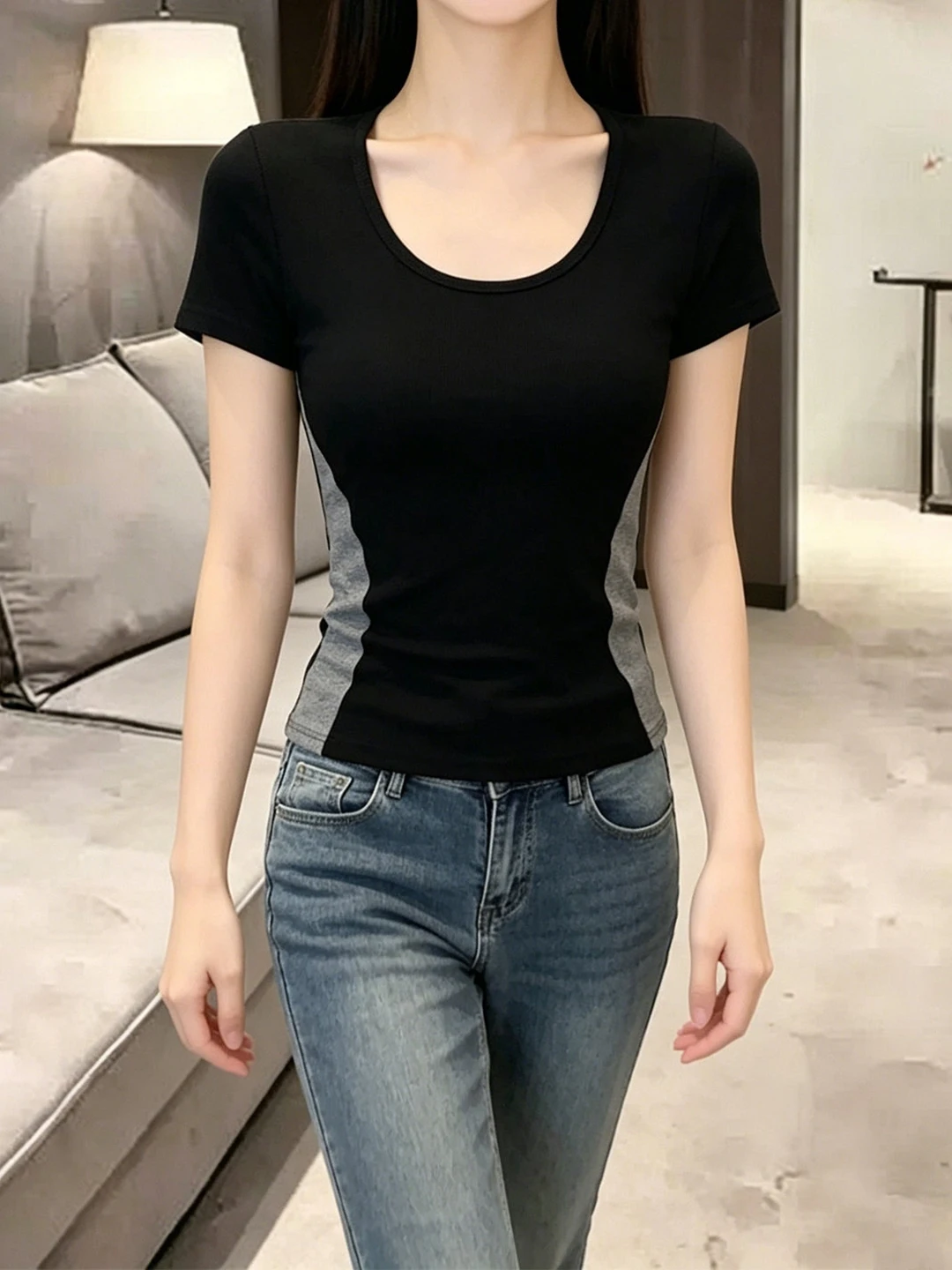 plus Size Color Block Short Sleeve T-Shirt Women's Summer New Style Beautiful Waist Cinched Shoulder Top Korean Style Commute