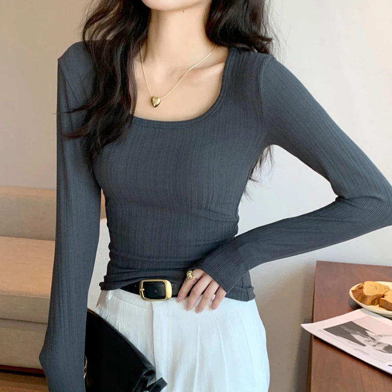 Tops tejidos con cuello en U para Mujer, camisa sencilla de Color sólido que combina con todo, ropa de calle coreana, camisa de estilo suave, moda de otoño