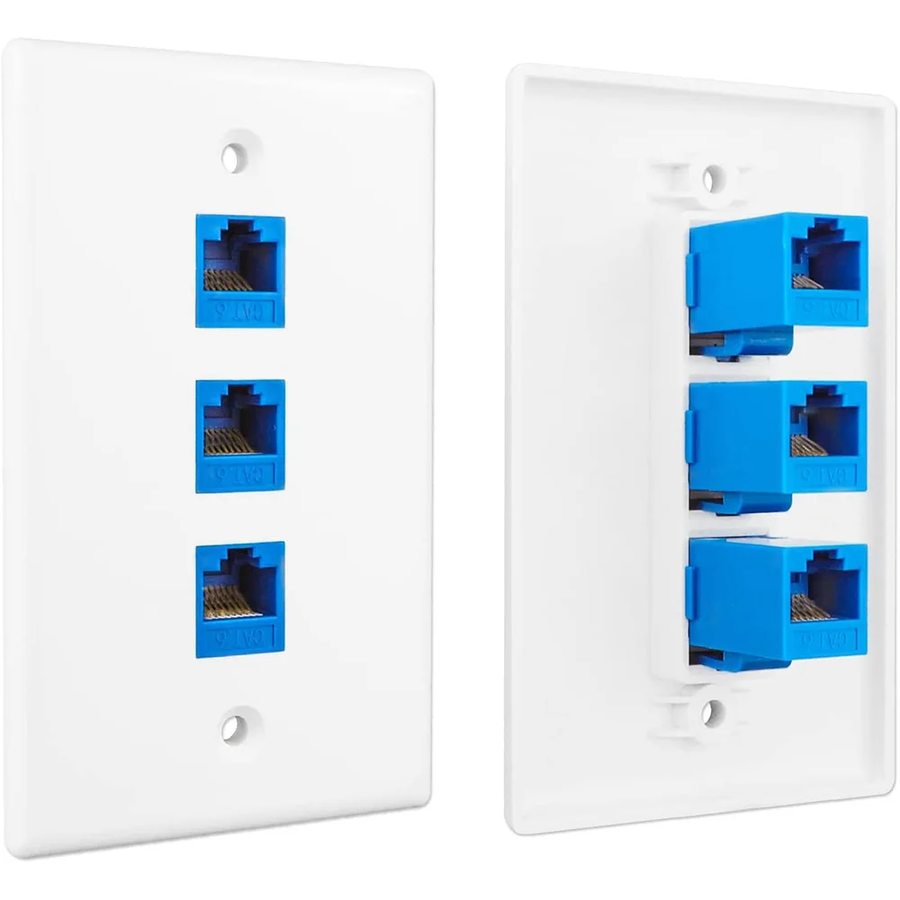 Paquete de 1 placa de pared Ethernet de 3 puertos, placa de pared RJ45 con inserto de acoplador en línea Keystone RJ45, placa de pared Keystone Jack Cat6