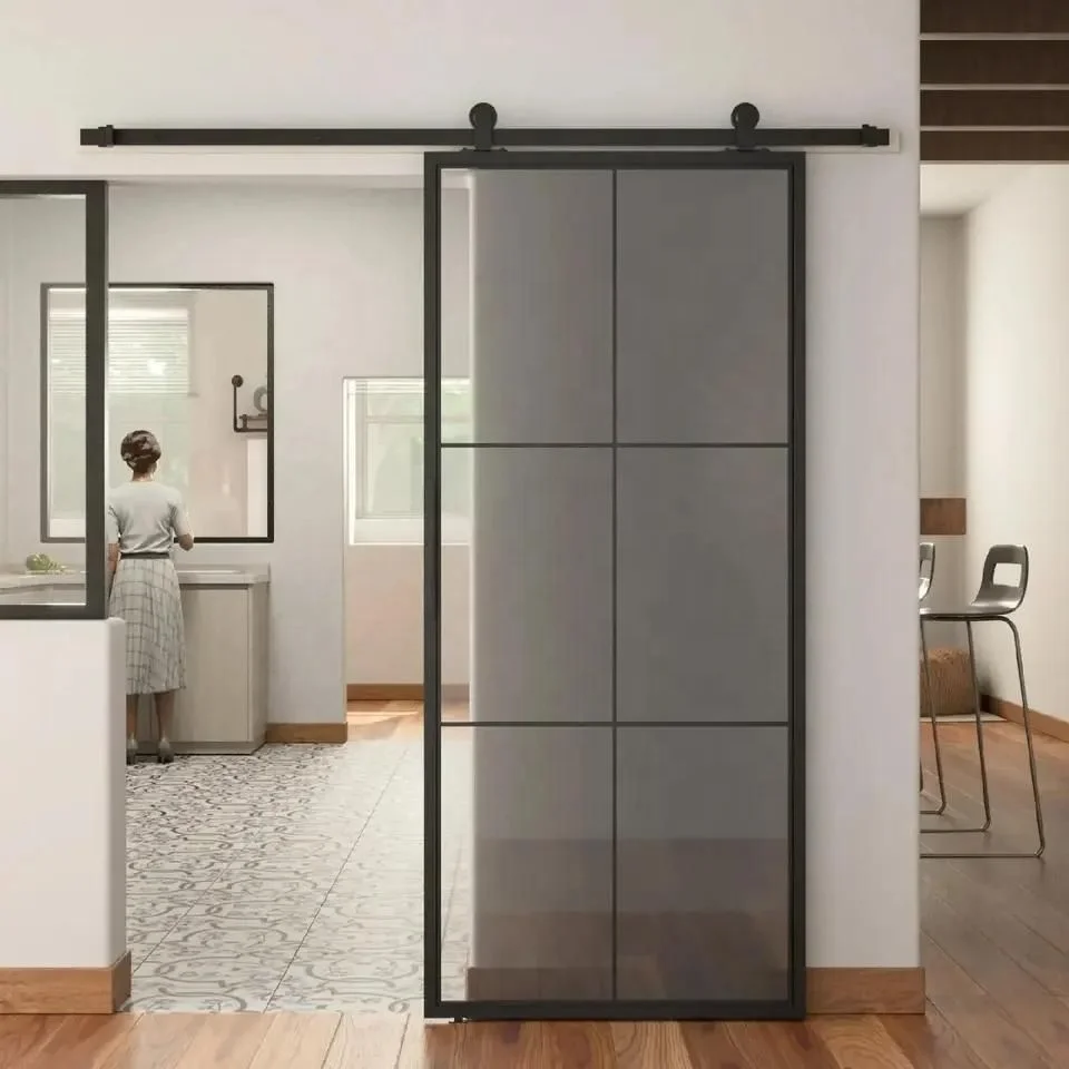 Safe Packaging Home Use Modern French Style Black Metal Frame Sliding Glass Barn Door