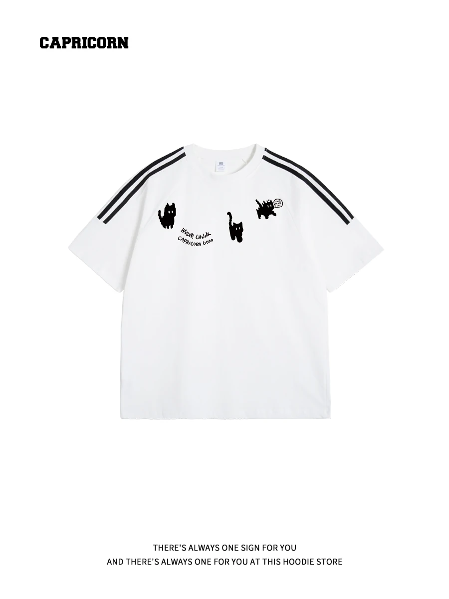 Capricorn  Print Three-Stripes Splice Short-Sleeve Women's Summer Trendy Heavy-Light Cotton Pure Cotton T-Shirt Casual Style