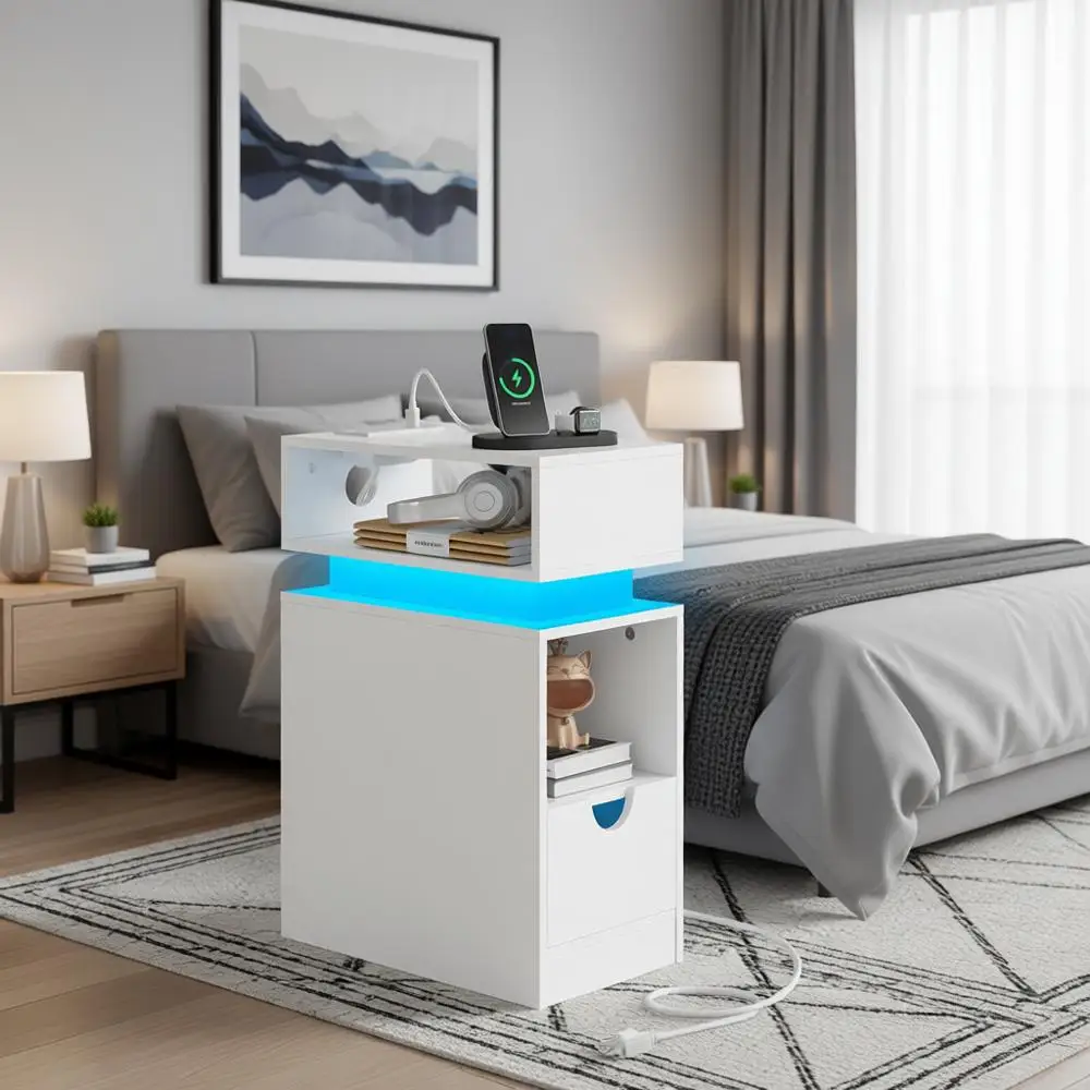 

Светодиодная плавающая прикроватная тумбочка с 20 цветами, дизайном 21 века, 8 уровнями яркости, зарядной станцией для гостиной или спальни, белая