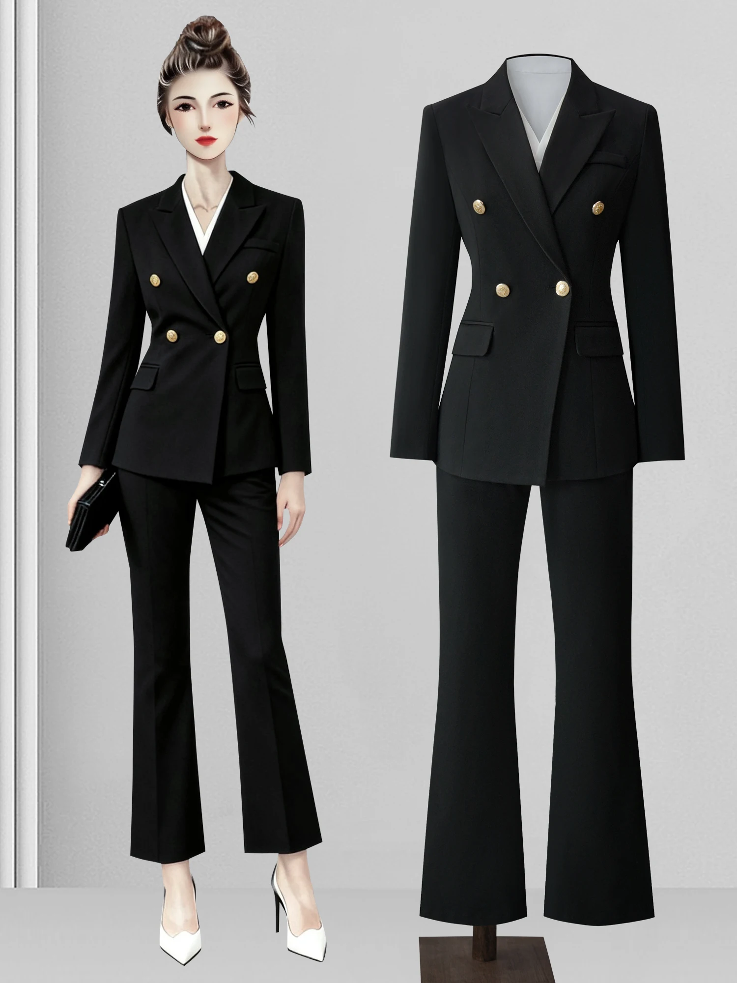 

Черный двубортный костюм-двойка для женщин: высококачественная верхняя одежда в западном стиле для весны