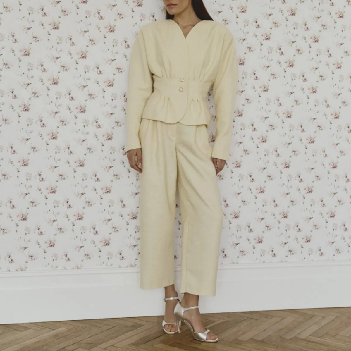 Laur 2026 Women V Neck Cinched Waist Peplum Blazer Wide Leg Cropped Pants Two Piece Solid Yellow Elegant Office Formal Suit Set