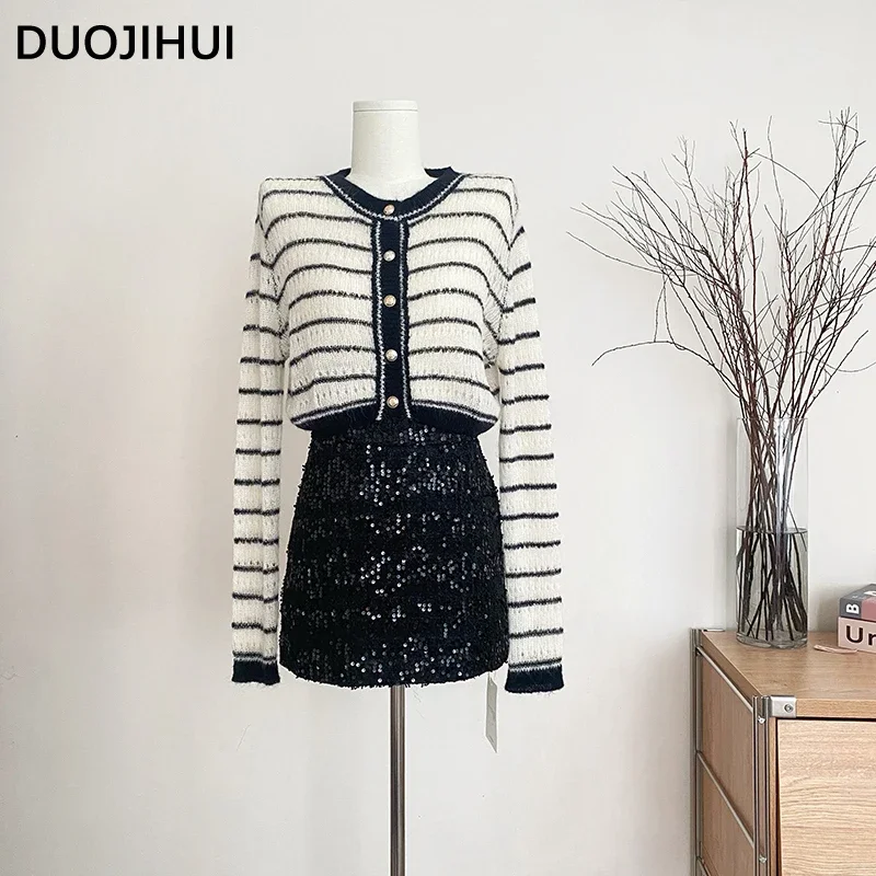 

DUOJIHUI Two Piece Classic O-neck Knitting Women's Cardigan Autumn Chic Skirt Contrast Color Stripe Long Sleeve Female Cardigans