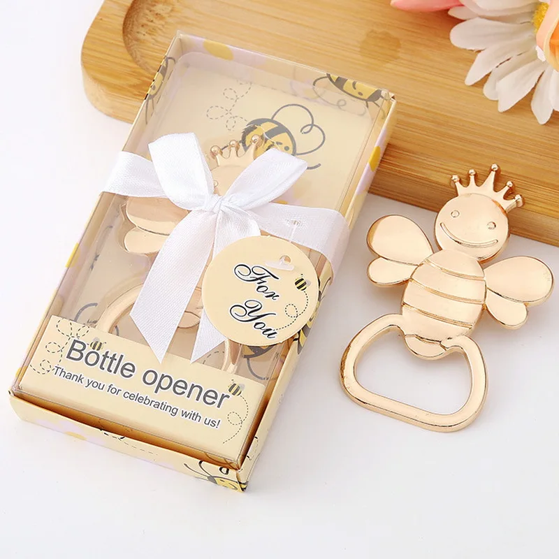 1PCS X New Creative Baby Shower Favors Little Bee Design Gold Bottle Opener in Elegant Gift Box Newborn Birthday Party Giveaways