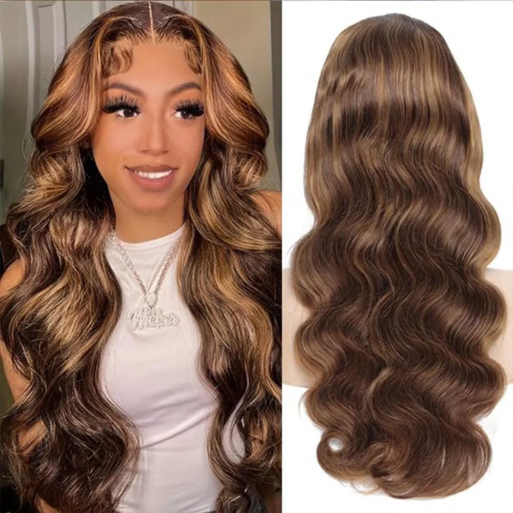 

13x4 HD Highlight Ombre Body Wave Wigs Human Hair P4/27 Blonde Brown Wig13x6 Lace Frontal Wig 30 Inch Wigs For Women On Sale