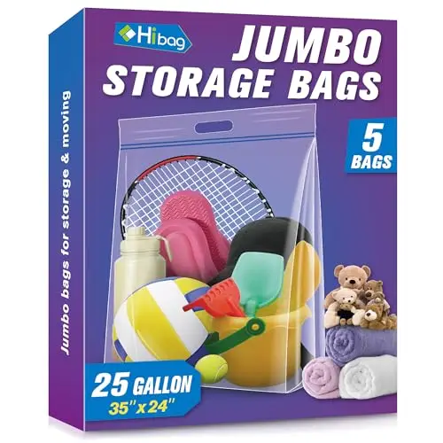 

Мешки для хранения HIBAG Jumbo объемом 25 галлонов, прозрачные многоразовые пакеты с ручкой, 35 x 24 дюйма, особо прочные, размера XL, для одежды и подушек