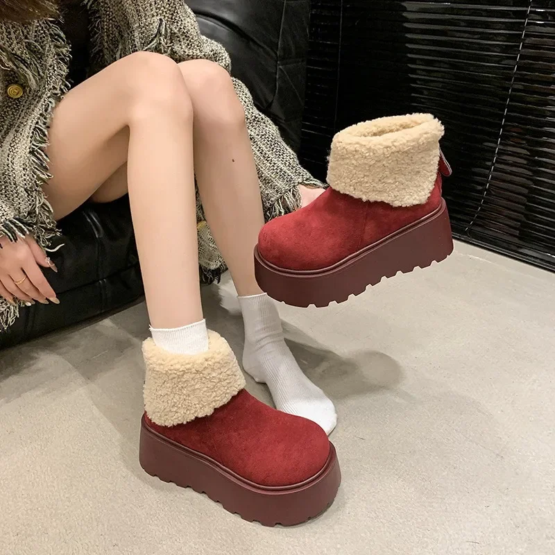 

Women Round Toe Plush Thick Soled Snow Boots Height Increased Casual Cotton Shoes Elegant Solid Short Zipper Boot Botas De Mujer