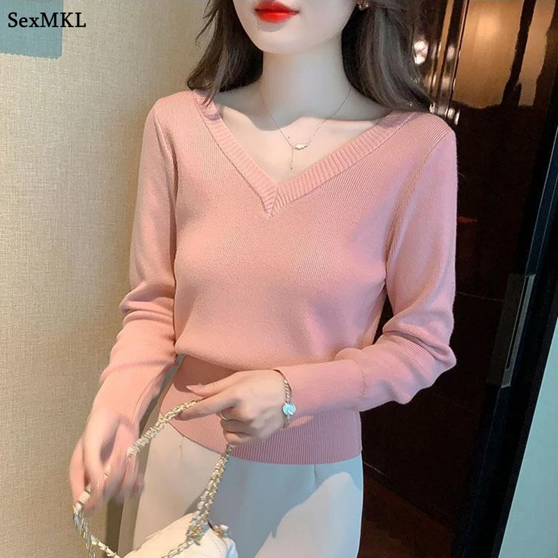 

Повседневные зимние свитера с v-образным вырезом, женские пуловеры с длинным рукавом Y2k, одежда, тонкий трикотаж, топы, корейский базовый свитер, белые, розовые джемперы