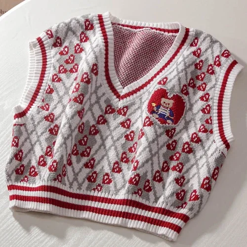 Gagarich Women Knit Vest Autumn Winter New Love Bear Embroidered Sweet Short Sleeveless Outer Stacked Waistcoat Tops Casual