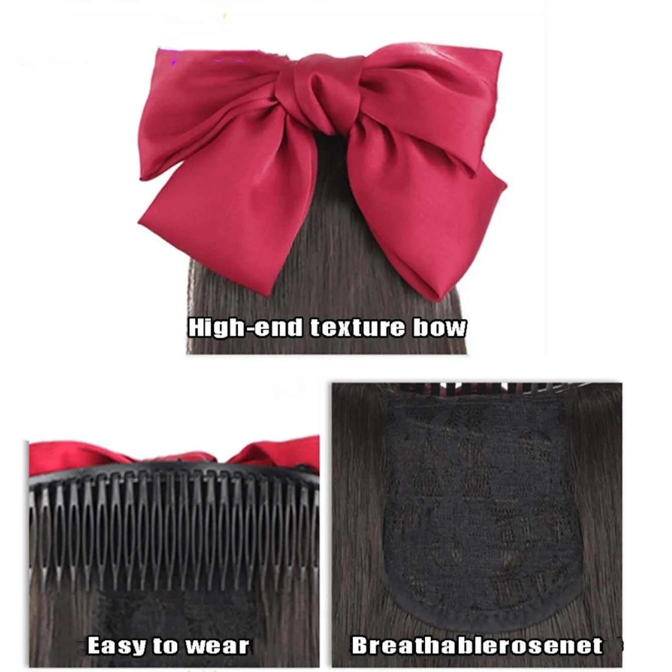 Synthetic Ponytail With  Red Bows Hair Extensions Hair Realistic Brown For Woman Girls Cute Fake Ponytail