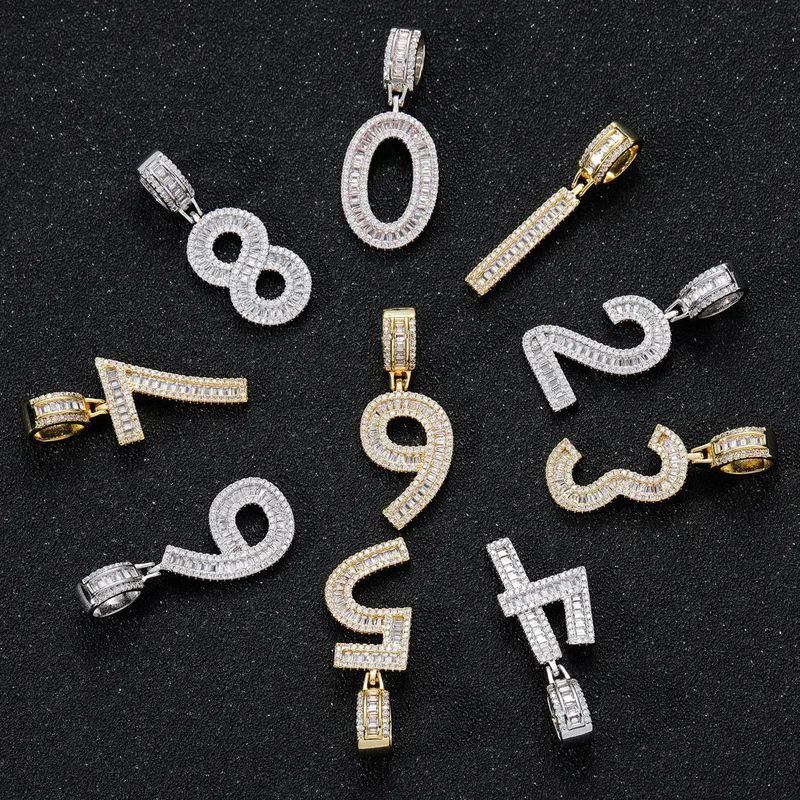 Iced Out Baguette Number Pendant 0-9 Full Paved CZ Charm For Men Women Hip Hop Rapper Custom Digit Necklace Jewelry`