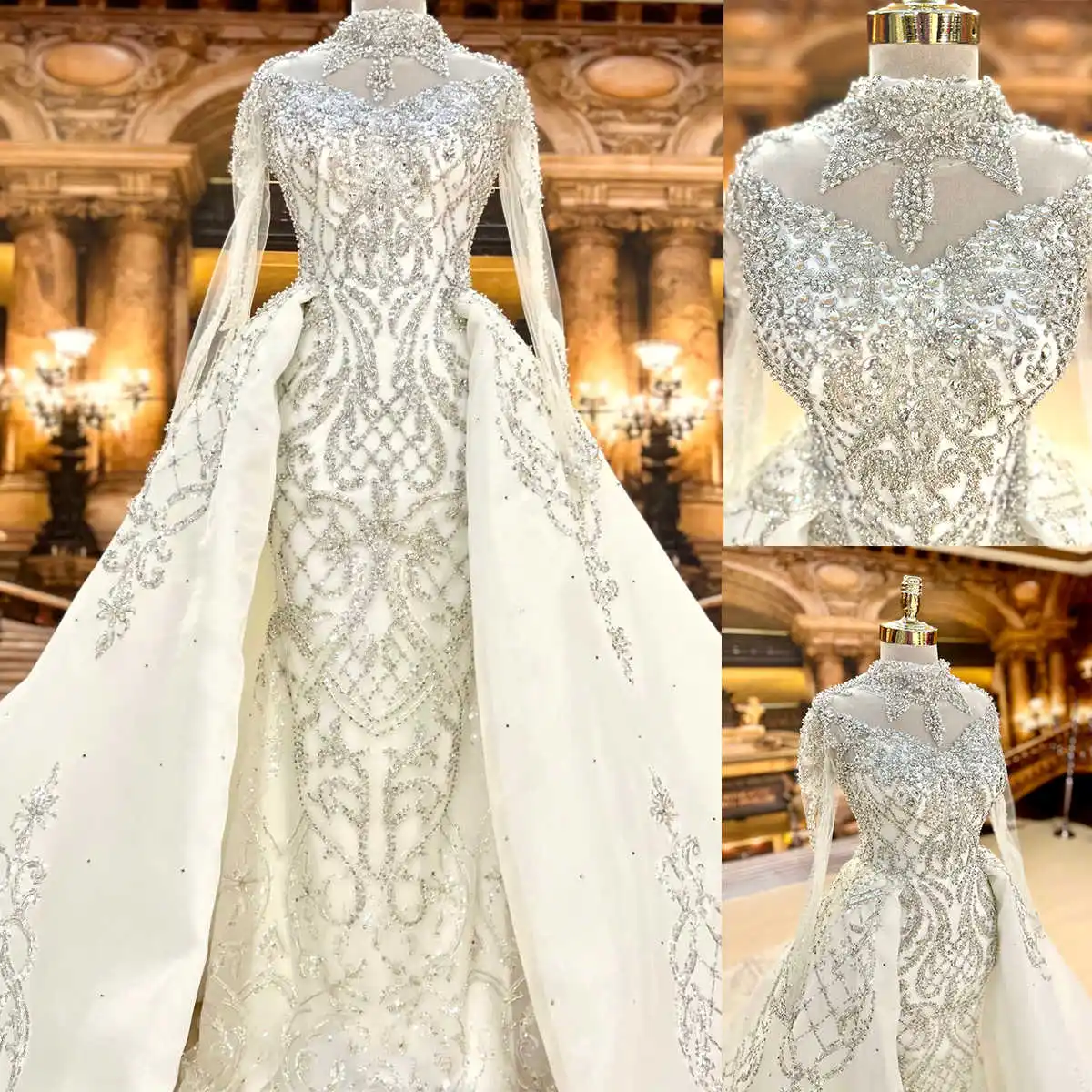 Luxury A Line Wedding Dress For Women High Collar Long Sleeves Bridal Gown Crystal Detachable Train Dresses Custom Made