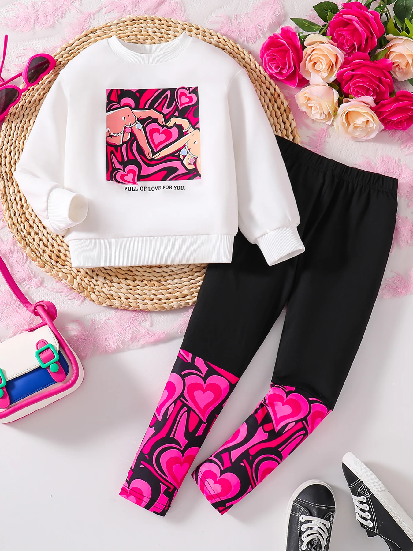 2-teiliges Set für Mädchen, Frühling und Herbst, Rundhalsausschnitt, Cartoon-Druck, Langarm-Top, Patchwork, Freizeithose, Kindermode, Kleidung