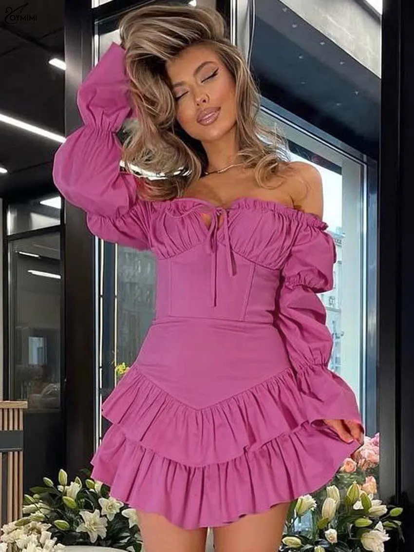 

Oymimi Casual Pink Cotton Women's Dress Fashion Strapless Long Sleeve Lace-Up Dresses Autumn Zipper Pleated Mini Dresses Female