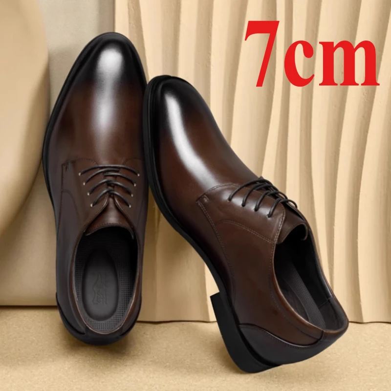 

Brown Heightening Derby Shoes Men's Dress Shoes 7cm Genuine Leather Wedding Comfortable Invisible Inner Height-increasing Shoes