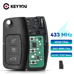 KEYYOU 1PCS 433MHz 4D63/4D60 Chip Flip Remote Control Car Key For Ford Focus 3 2 Mondeo Fiesta Key Fob Case 3 Buttons 80/40 Bit