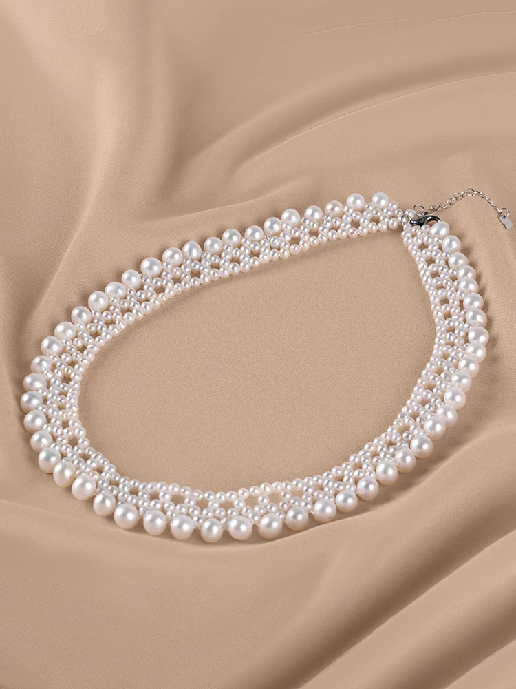 

3-6mm shining round flawless vintage nature freshwater Pearl 925sliver lace necklace for Women Girl's choker jewelry