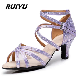 New Latin Dance Shoes Salsa Tango Ballroom Party Women's Shoes Rhinestone Satin Green Purple Girls High Heel Summer Sandals