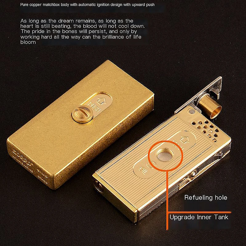 Rare Upward Slide Fuel Lighter Automatic Ignition Gasoline Smoking Lighter Brass Inner&Zinc Alloy Shell New Design Men Gift