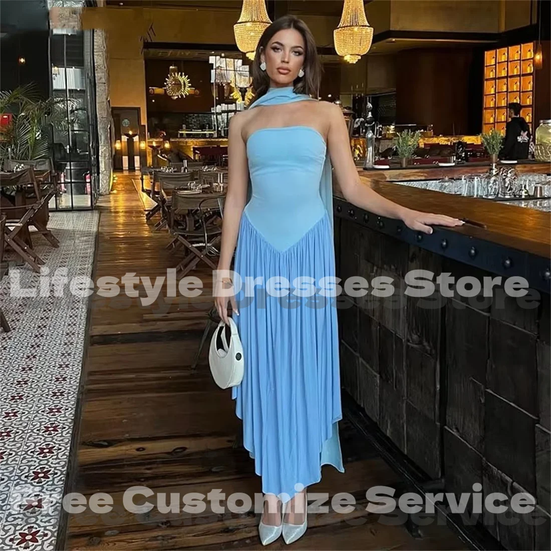 

Customized Chiffon Light Blue Strapless Simple Evening Dresses Scarf Pleated Sleeveless Prom Dresses for Formal Occasion Party