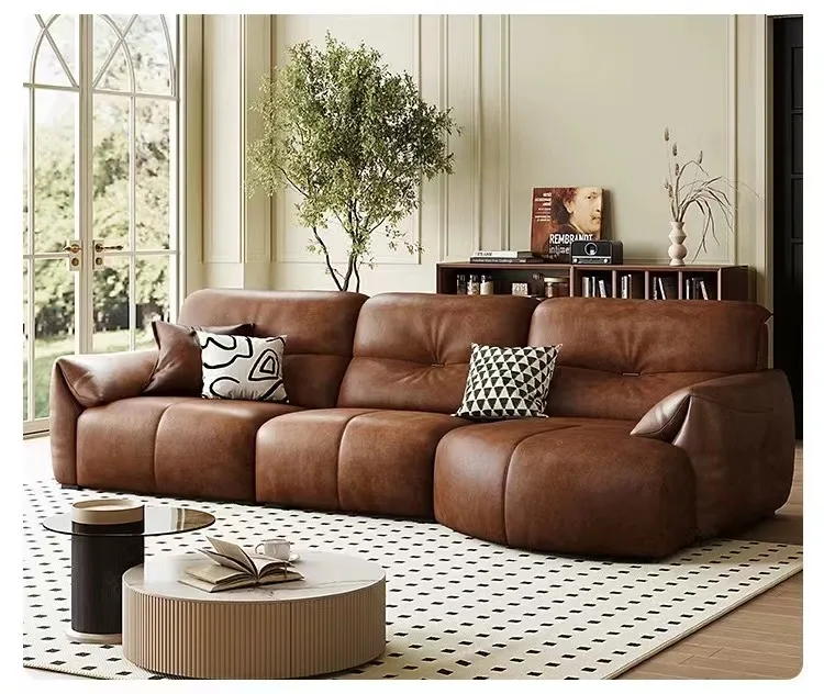 #Italian Leather Sofa Set First Layer Net Red Minimalist Design with Large Deep Arc Hotel Small Apartment Special-shaped Comfort