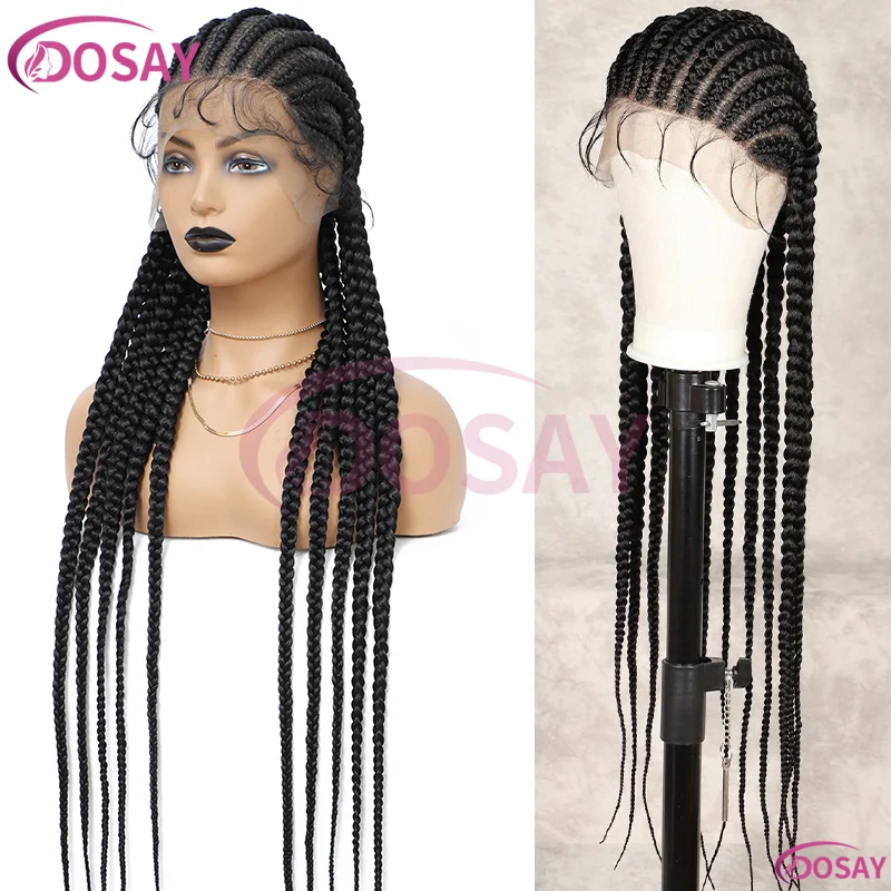 باروكات مضفرة من الدانتيل بالكامل مقاس 36 بوصة للنساء، ضفائر كورنو صناعية طويلة مع شعر أطفال، شعر مستعار أسود أفريقي
