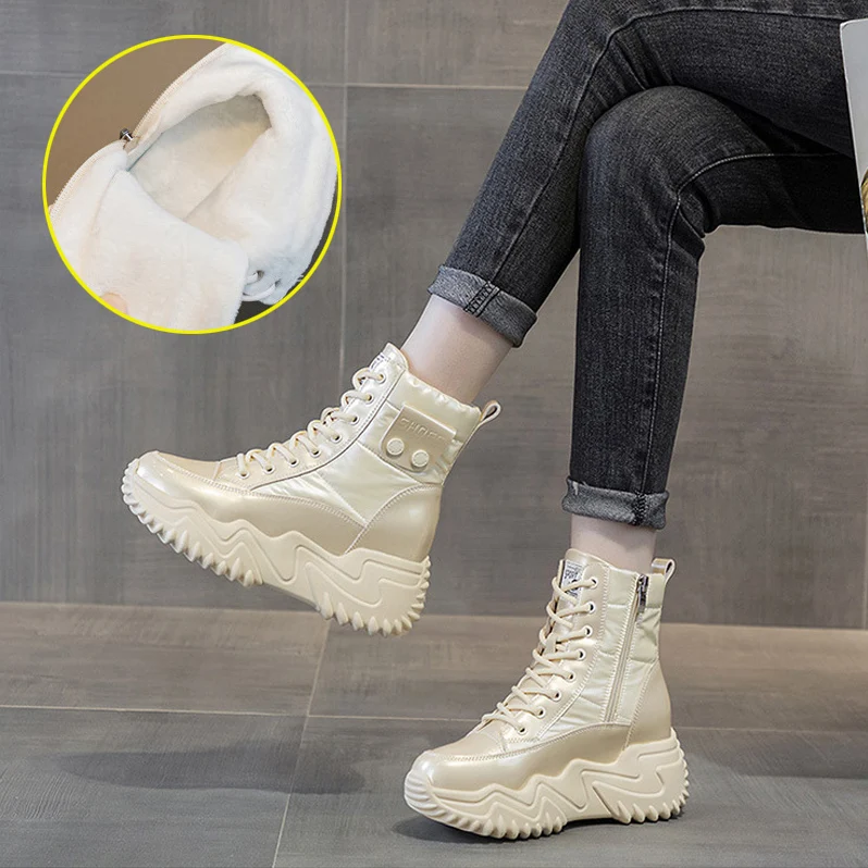 

2025 зимняя обувь, женские непромокаемые зимние ботинки, теплая хлопковая обувь, женские ботильоны на плоской подошве, нескользящие, увеличивающие рост, 7 см, D652