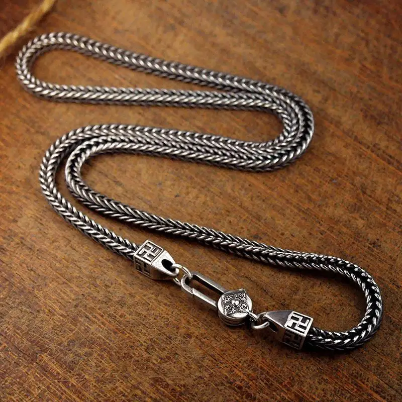QN Silver Color Fox Tail Necklace Dominant Men\'s Retro Men\'s Simple Rough Sweater 5mm Chain Necklaces for WomenFashion Jewelry