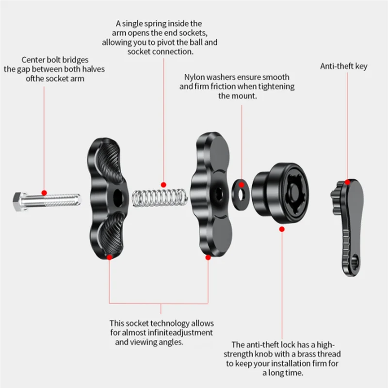 【Must-Haves】6CM Anti-Theft Aluminum Alloy Double Socket Arm Compatible With Mounts Ball Component Bike Motorcycle Phone Holder