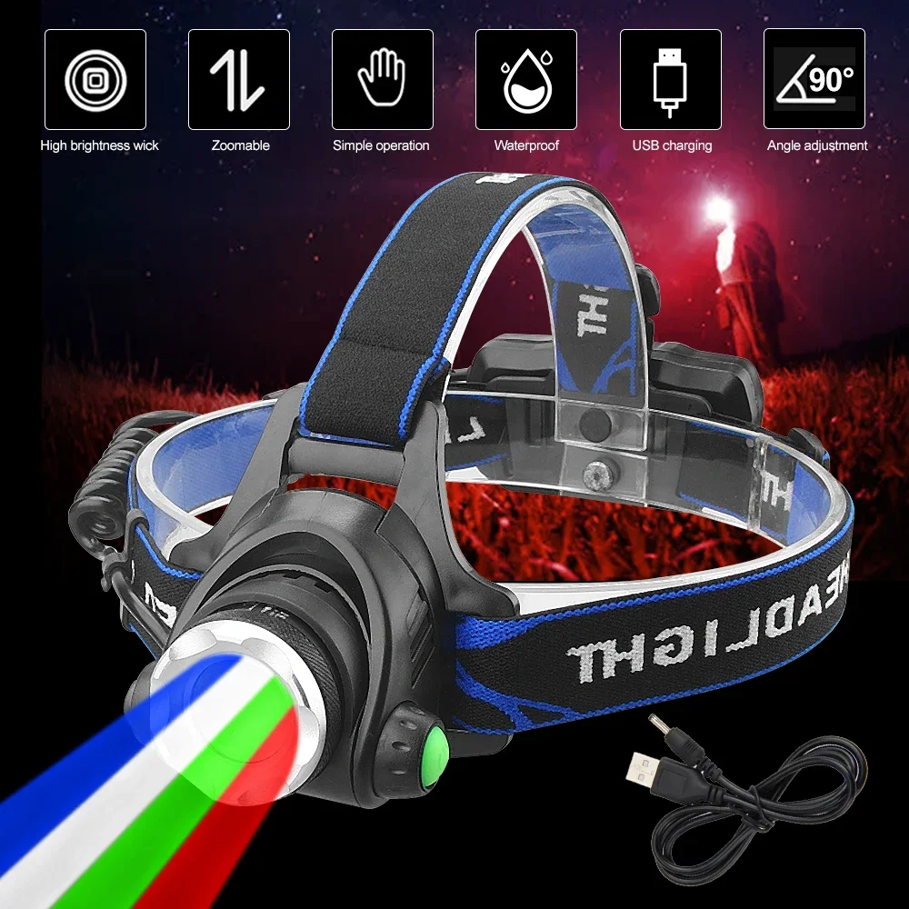 LED four light source telescopic focus Headlamp Waterproof Head Light Rechargeable Fishing Searching Camping Head Flashlight