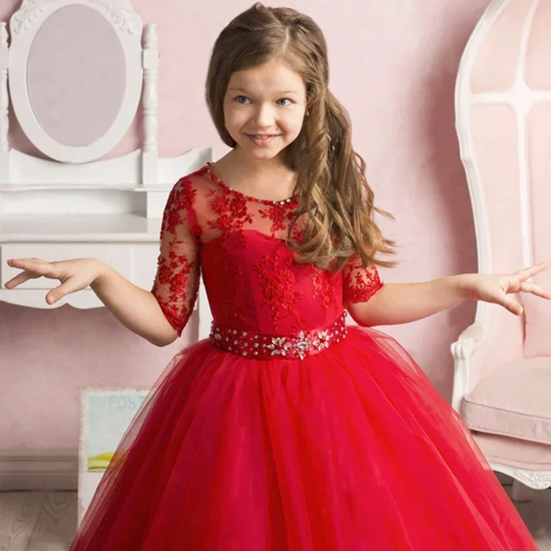 Red Lace Flower Girl Dresses Floor Length Pageant Dress With Waistband Half Sleeve Cute Tulle Ball Gowns