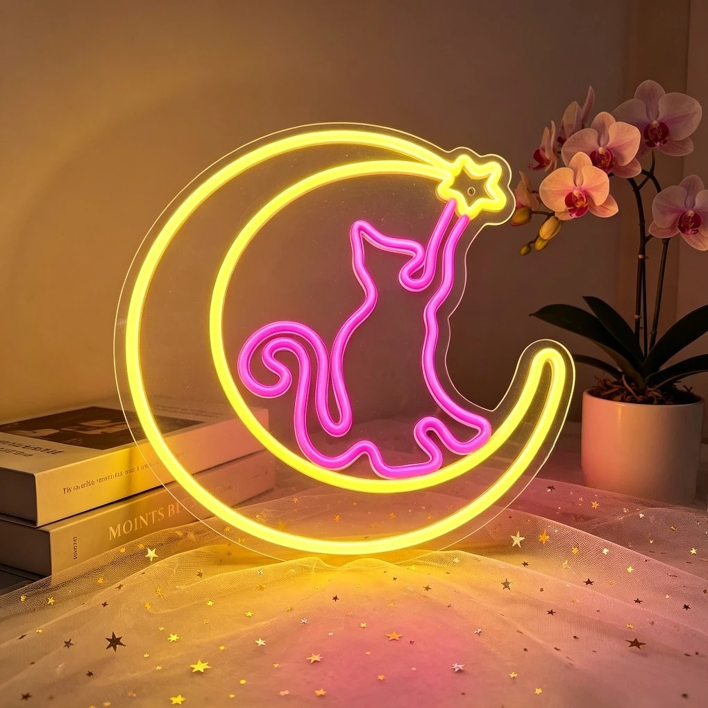 Cat on The Moon LED Neon Light Pink Star Cute Animal USB Dimmable Neon Sign for Girls Room Bedroom Wall Decor Night Light Gift