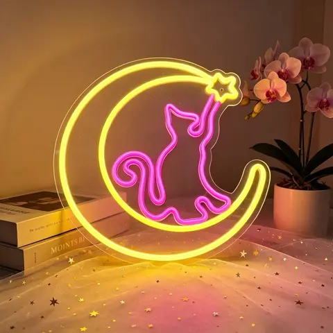 Cat on The Moon LED Neon Light Pink Star Cute Animal USB Dimmable Neon Sign for Girls Room Bedroom Wall Decor Night Light Gift