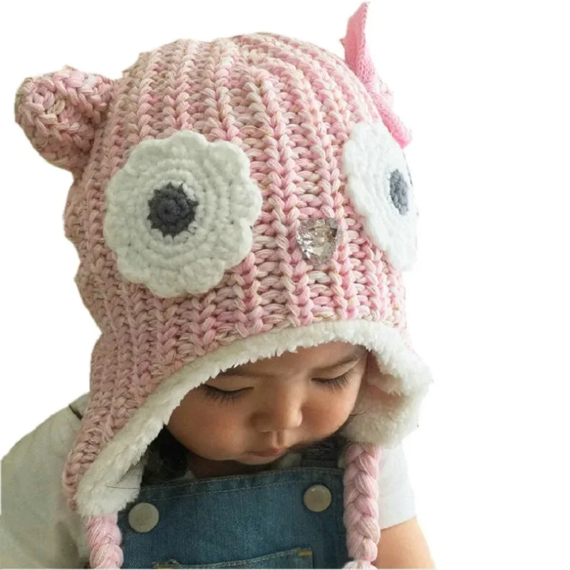 

0-2 Years Baby Girls Hat Pink Owl Cartoon Hats Little Girl Warm Velvet Lining Hats Kids Winter Beanies Newborn Photography Props