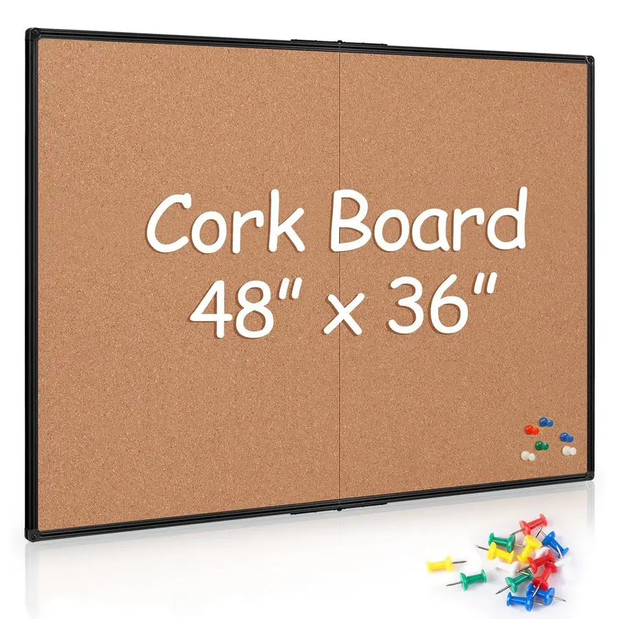 

Cork Board Bulletin Board 36 x 48, Foldable Notice Pin Board for Wall, Black Aluminum Framed 4x3 Corkboard, Large Wall Mounted O