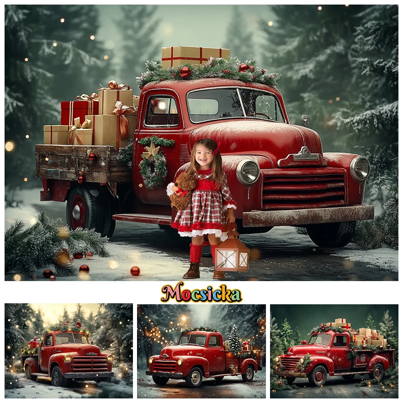 

Mocsicka Christmas Photo Background For Shooting Red Truck Green Forest Photography Backdrop Props Outdoor Decoration Photobooth