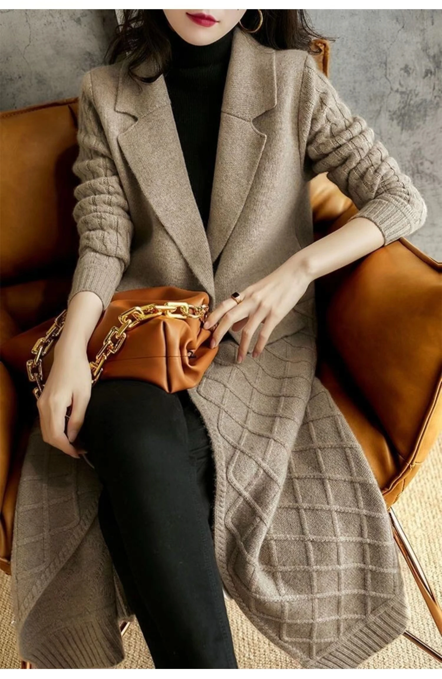 Fall/winter women cashmere cardigan suit collar long over-the-knee coat knitted sweater coat windbreaker