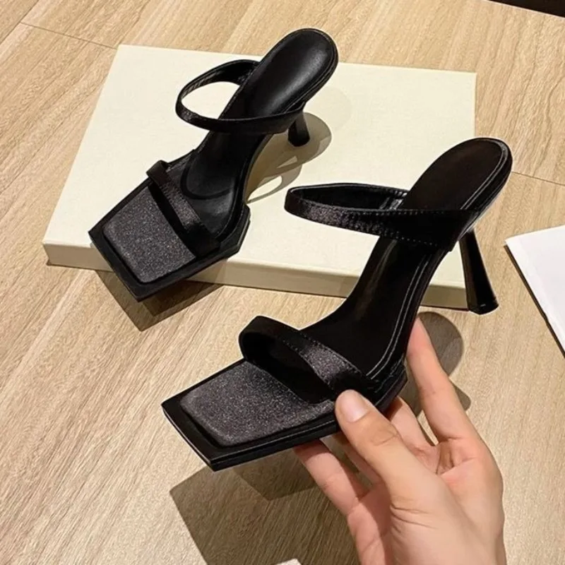 Novedad de verano, Sandalias de tacón alto con punta cuadrada y cinturón de una línea, Sandalias de suela ancha con tacón de copa de vino a la moda para mujer