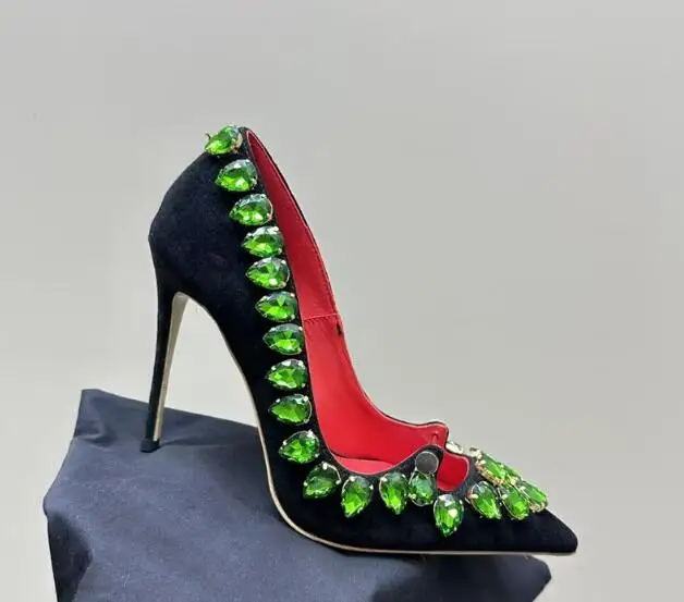 Green Diamond Studs Nail Pin Crossed Low-Cut Pumps Sexy 7.5 cm Kitten Heels Woman Diamond Rhinestone Pointed Toe Banquet Shoes