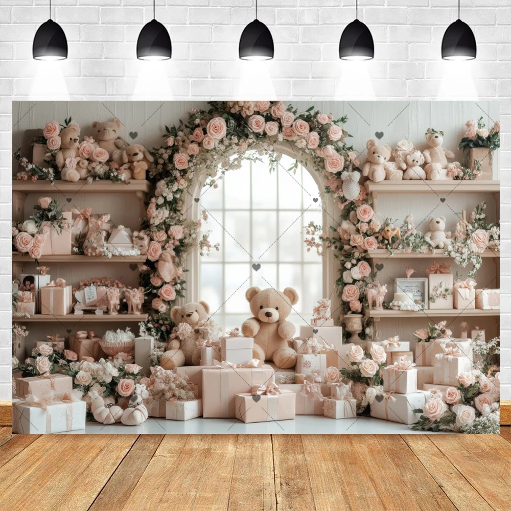 خلفية زينة عيد الميلاد الأول لحديثي الولادة، خلفية لطيفة على شكل دببة، نافذة ورود، نافذة داخلية لحفلات استقبال المولود الجديد، خلفية للتصوير الفوتوغرافي لمنطقة التصوير